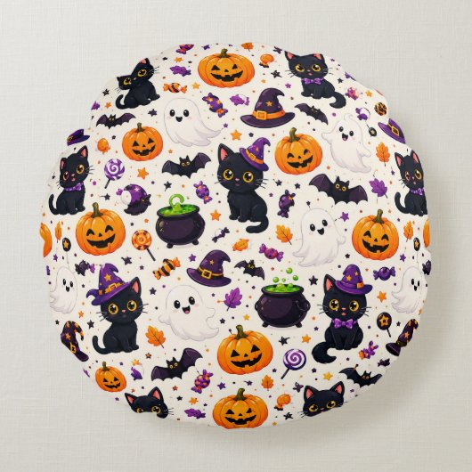 ハロウィン魔女の帽子と猫のパターン 🧙 ラウンドクッション (正面)