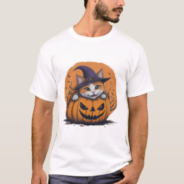 ハロウィン魔女の帽子をかぶったカボチャの中の子猫 怖い季節 Tシャツ