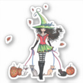 ハロウィン魔女の猫散歩ステッカー シール (正面)