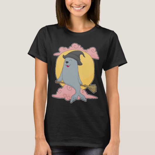ハロウィン魔女の箒のアザラシ Tシャツ (正面)