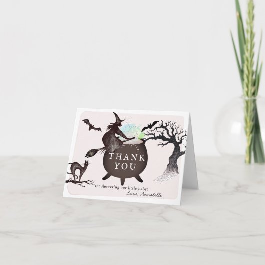 ハロウィン魔女の鍋 ピンクのベビーシャワー サンキューカード (正面)