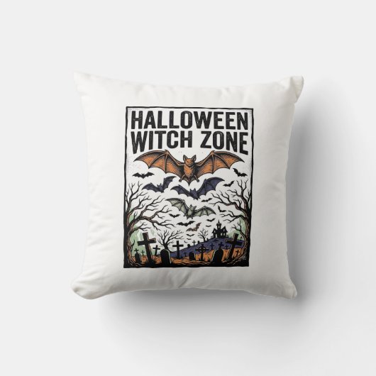 ハロウィン魔女ゾーン ビンテージ墓地コウモリデザイン クッション (正面)