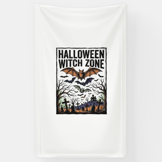 ハロウィン魔女ゾーン ビンテージ墓地コウモリデザイン 横断幕 (縦)