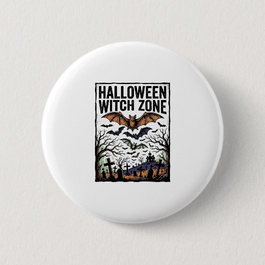 ハロウィン魔女ゾーン ビンテージ墓地コウモリデザイン 缶バッジ (正面)