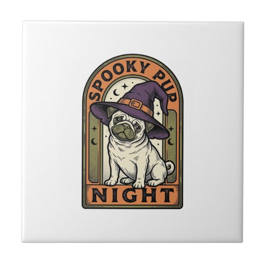 ハロウィン魔女犬ビンテージ彫刻Tシャツデザイン タイル (正面)