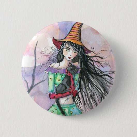ハロウィン魔女猫ボタン・ピン 缶バッジ (正面)