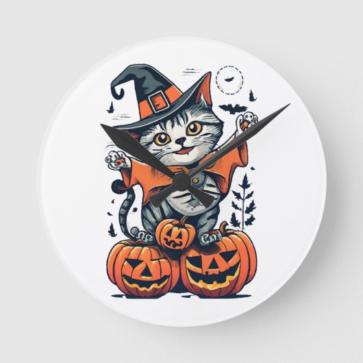 ハロウィン魔女猫 ラウンド壁時計 (正面)