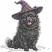 ハロウィン魔術師の帽子をかぶった黒い犬 シール (正面)