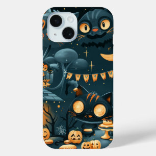 ハロウィン黒猫とムーンおもしろいズ魔女キッズ iPhone 15ケース