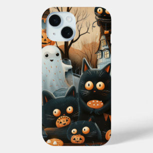ハロウィン黒猫とムーンおもしろいズ魔女キッズ iPhone 15ケース