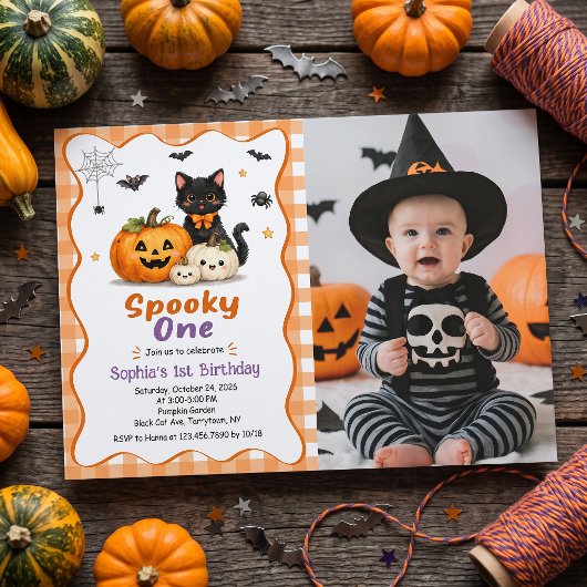 ハロウィン1歳の誕生日お祝い写真招待状 スプーキー・ワン 招待状