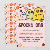 ハロウィン1歳の誕生日招待状 スパイキーなピンク 招待状 (正面/裏面)
