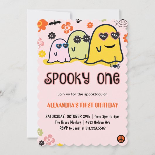 ハロウィン1歳の誕生日招待状 スパイキーなピンク 招待状 (正面)