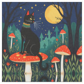 ハロウィン2のなじみ深い黒猫ときのこ ファブリック (クローズアップ)