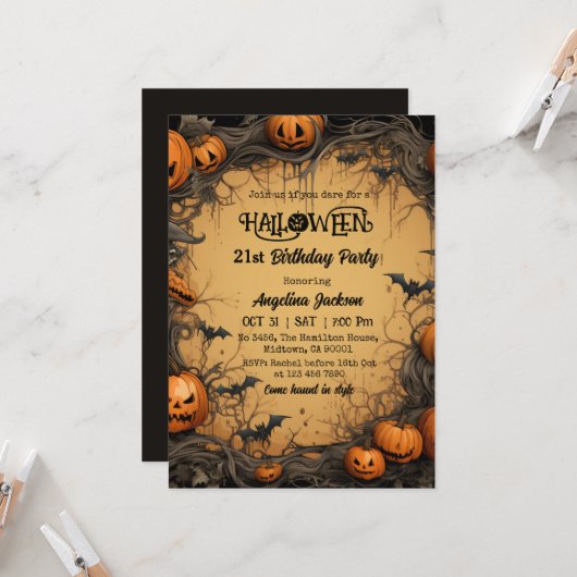 ハロウィン21歳の誕生日 かぼちゃ ヴィンテージ スプーキー 招待状 (正面/裏面インサイチュ)
