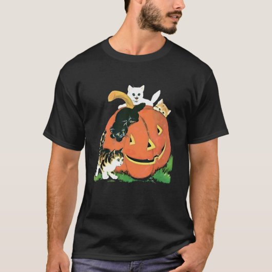 ハロウィン おかしな猫のかぼちゃランタン Tシャツ (正面)