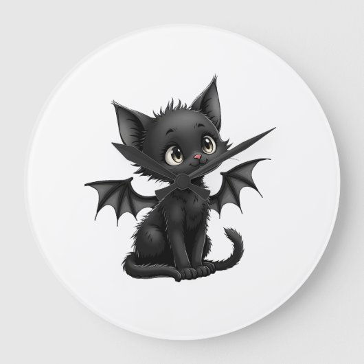 ハロウィン おこりんぼ 黒子猫 コウモリ コスチューム ラージ壁時計 (正面)