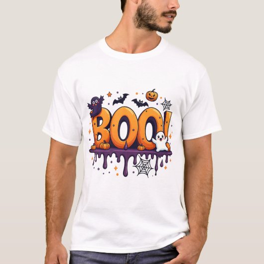 ハロウィン おばけとコウモリのしたたり文字 BOO Tシャツ (正面)