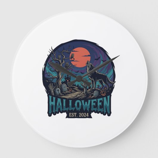 ハロウィン おばけのオオカミ 赤い月 ゾンビ ハンド_1 ラージ壁時計 (正面)