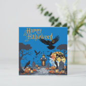 ハロウィン おばけの墓地 骸骨と墓石 招待状 (スタンド正面)