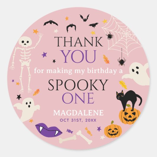 ハロウィン おばけの1歳 誕生日お祝い ありがとう ピンク ラウンドシール (正面)