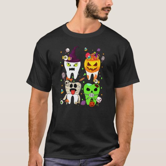 ハロウィン おばけ かぼちゃ 魔女 かわいい 歯医者 歯 デ Tシャツ (正面)