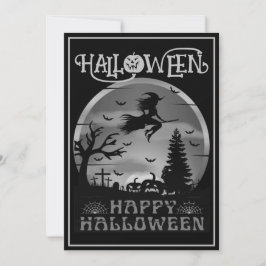 ハロウィン おばけ かわいい 魔女 ほうき 墓地 ブラック グレー 招待状