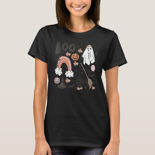 ハロウィン おばけ 虹 スケルトン 手 ポンプキン スプーク Tシャツ (正面)