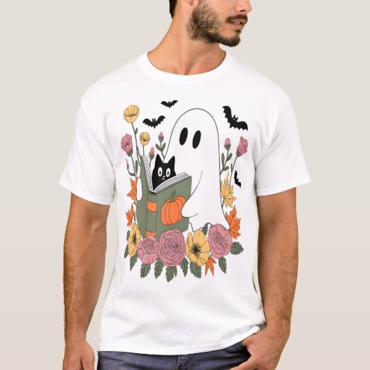 ハロウィン おばけ 読書 本 猫 Tシャツ (正面)