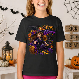 ハロウィン おめでとう かわいい 魔女 黒猫 ほうき Tシャツ