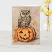 ハロウィン おめでとう フクロウとカボチャ カード (黄色い花)