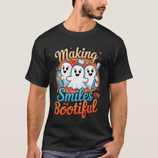 ハロウィン おもしろ おばけ 歯科医 で 笑顔 を 美しく Tシャツ (正面)