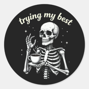 ハロウィン おもしろ スケルトン コーヒーTシャツ 努力するよ ラウンドシール