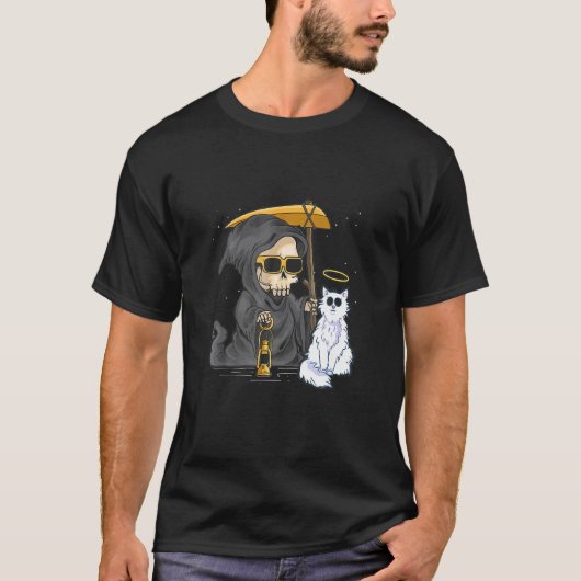 ハロウィン おもしろ ネコ 死神 ゴースト キッズ Tシャツ (正面)