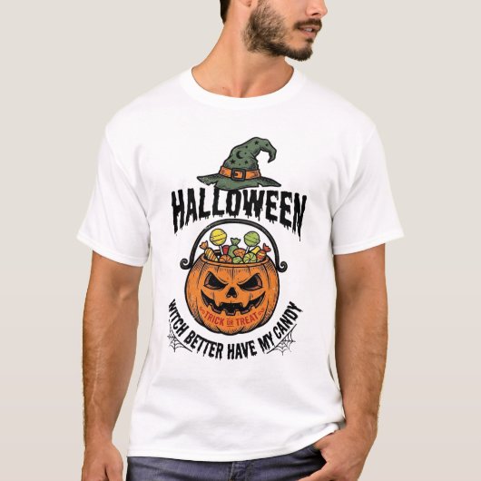 ハロウィン おもしろ 魔女 キャンディ かぼちゃ Tシャツ デザイン 1 (正面)