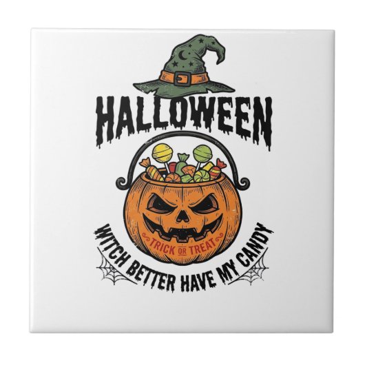 ハロウィン おもしろ 魔女 キャンディ かぼちゃ Tシャツ デザイン 1 タイル (正面)