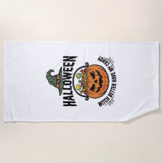 ハロウィン おもしろ 魔女 キャンディ かぼちゃ Tシャツ デザイン 1 ビーチタオル