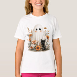 ハロウィン おもしろTシャツ - かわいいおばけと子猫 Tシャツ