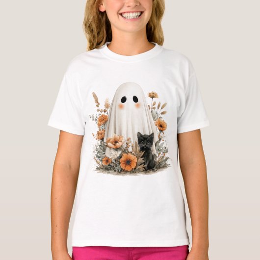 ハロウィン おもしろTシャツ - かわいいおばけと子猫 Tシャツ (正面)