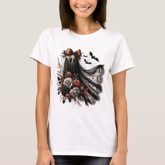 ハロウィン おもしろTシャツ - レースの幽霊 - 黒3 - 秋 Tシャツ (正面)