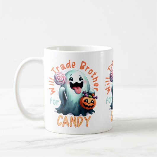 ハロウィン お兄ちゃんとお菓子を交換する幽霊の子供 コーヒーマグカップ (左)