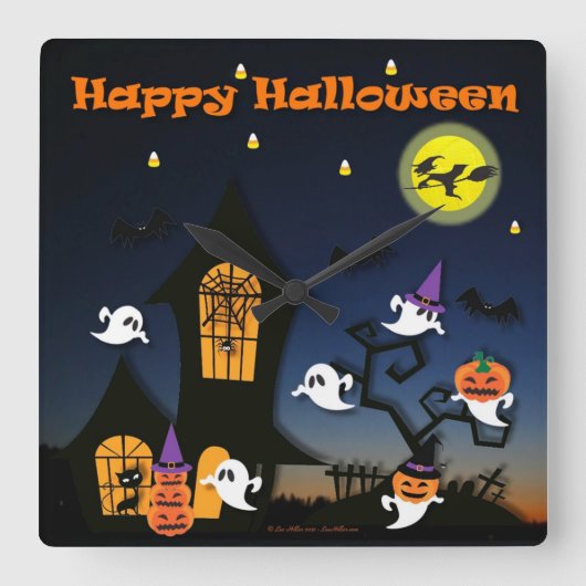 ハロウィン お化け屋敷 スクエア壁時計 (正面)