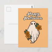 ハロウィン お花を持ったかわいいオバケ ポストカード (正面/裏面)