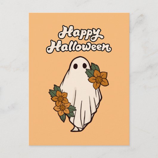 ハロウィン お花を持ったかわいいオバケ ポストカード (正面)