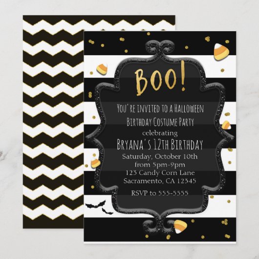ハロウィン お菓子のとうもろこし 黒と白の縞模様 BOO! 招待状 (正面/裏面)