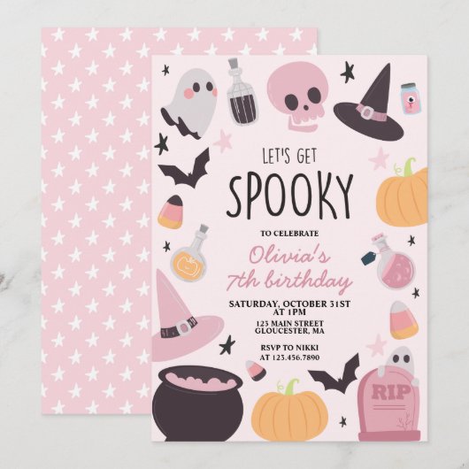 ハロウィン お誕生日おめでとう ピンク 招待状 (正面/裏面)