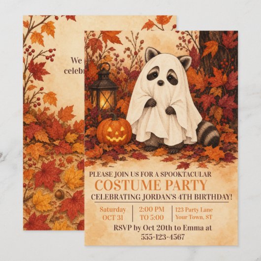 ハロウィン お誕生日会 たぬきの幽霊コスチューム 招待状 (正面/裏面)