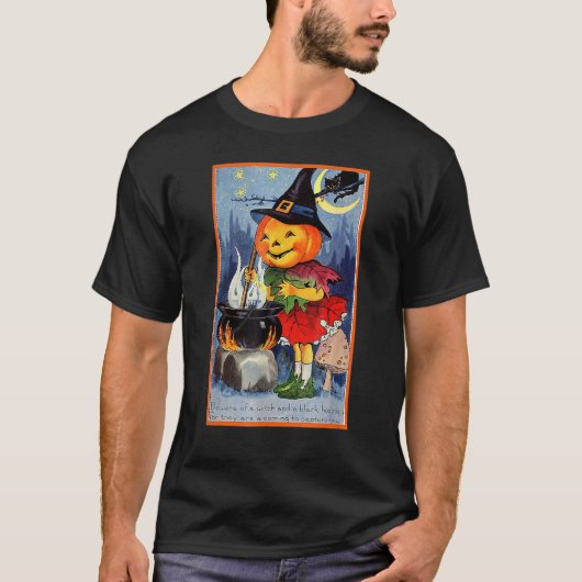 ハロウィン かぼちゃの頭の魔女が魔法の薬を調合 Tシャツ (正面)