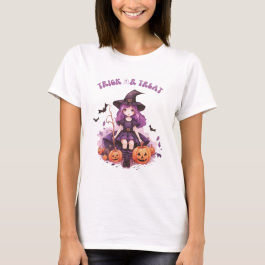 ハロウィン かぼちゃ コウモリ 紫の魔女 Tシャツ (正面)