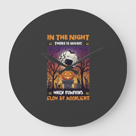 ハロウィン かぼちゃ ハット 月 墓場 夜 ラージ壁時計 (正面)